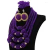 Boucles d'oreilles de collier Set Charming Purple African Statement Mariage Crystal Pendant Bib Bridal Bijoux QW257