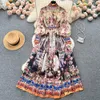 Casual Dresses Runway Maxi Dress Women's Long Lantern Sleeve Stand Gorgeous Flower Print Long Dress Kvinnliga knappar Up Sashes Holidays Dress 2023