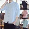 Men's T Shirts Retro Collar Cotton Short Sleeved Shirt Men'S Tang Clothing Plate Buckle Casual Hanfu Tall Mens For Men