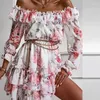 Abiti casual Manica lunga Donna Mini abito con volant Spalle scoperte Stampa floreale Scollo a barchetta Swing Boho 3XL Abbigliamento da spiaggia di grandi dimensioni Bohemian