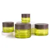 Olive Green Glass Cosmetic Jars Empty Makeup Sample Containers Bottle with Wood grain Leakproof Plastic Lids BPA free for Lotion, Cream Loit