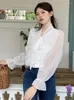 Damenblusen, Vintage-Rüschenbluse, langärmelig, Frühling und Herbst, koreanische Schleife, Chiffon-Oberteile, elegante weiße Hemden