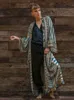 Vrouwen Badmode Blauw Retro Gedrukt Lange Mouwen Zelf Gordel Plus Size Boheemse Kimono Tuniek Vrouwen Tops en Blouses Shirts Q1228 230616