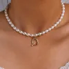 Colares de Miçangas Simples Branco Oval Imitação de Pérolas Colar para Mulheres Letras de Bambu Douradas Pérolas Barrocas Gargantilha Jóias da Moda 230613