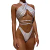 Kvinnors badkläder Sexig höghalscross Micro Bikini Sequin Silver Neon Green High Cut Push Up Swimsuit Women Lace Up Bandage Thong SwimeWear 230616