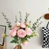 Fleurs séchées artificielles de haute qualité avec pour la décoration de la maison, pivoine, Bouquet de mariage, fausses plantes, feuille d'eucalyptus en soie