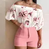 Vrouwen Blouses Zomer Vrouwen Half Mouw Geplooid Off Shoulder Shirt Mode Print Blouse En Shorts Pak Effen Kleur Kleding 25629