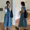 Lässige Kleider Denim Design Frau süß süß Korea Chic Stil Mädchen Retro Vintage Baumwolle Jeans blaue Fliege ärmelloses langes Kleid