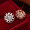 Stud Earrings Charm Big Sunflower For Women Rose Gold Silver Color Wedding Cute Female White Round Crystal CZ