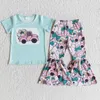 Set di abbigliamento all'ingrosso Baby Girl Easter Kids Outfit Bambini Maniche corte Camicia a fiori Leopard Bell Bottom Pants Set da bambino