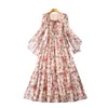 2023 Floral Print Lace up Front Cotton Dress Long Sleeve Square Neck Panelled Long Maxi Casual Dresses S3L150525