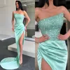 Sexy Mint Green Prom Dresses Strapless Sequins Top Party Evening Gowns Pleats Slit Semi Formal Red Carpet Long Special Occasion dress