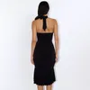 Elegante Halter Backless Ruffle Midi Jurk Vrouwen Mode V-hals Mouwloze Bodycon Club Party Sexy Lange Jurk Vestidos