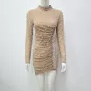 Casual Dresses Women Club Dress Vestidos Khaki High Neck Celebrity Party Elegant Long Sleeve Pearl Beading Sexig mini bodycon