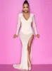 Casual Dresses Nightwear Sheer Mesh Rhinestone Cocktail Dress Woman Deep V Neck Long Sleeve Princess Elegant Side High Split Vestidos