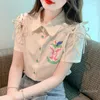 Vrouwen Blouses Koreaanse Mode Gedrukt Korte Mouwen Chiffon Shirt Voor Vrouwen Zomer 2023 Lace-Up Blouse Tops Chic mooie Knop