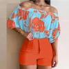 Vrouwen Blouses Zomer Vrouwen Half Mouw Geplooid Off Shoulder Shirt Mode Print Blouse En Shorts Pak Effen Kleur Kleding 25629