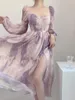 Abiti casual 2023 Summer Purple Print Abito con maniche a sbuffo Womens Korea Fairy Holiday Sweet Long Elegant Sexy French Party Eveing