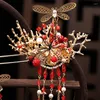 Hair Clips Chinese Bowknot Bride Phoenix Crown Red Tassel Earring Hairpin Set Ladies Wedding Performance Costume Jewelry Accessories