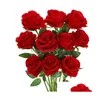 Flores decorativas Guirnaldas Rosas Rama de flor de rosa artificial Rojo Falso realista para la decoración del hogar Entrega de la gota Jardín Dh1Cr