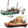 Blocos cidade barco de pesca modelo conjunto de blocos de construção navio pirata mar tubarão branco figuras brinquedos com adesivos r230617