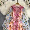 Robes décontractées Rétro imprimé floral élégant robe en mousseline de soie deux pièces ensembles a-ligne volants manches bouffantes taille haute robe de glissement ensembles femmes