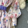 Casual klänningar Elegant mellanlängd Kontrast Färgblommor Print klänning med bälte Kvinnor Vintage Vestidos Stand Collar Lantern Sleeve Ladies Dresses 2023