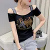 T-shirts Femmes 2023 Summer Style européen T-shirt en coton Chic Sexy Col Col Brillant Diamants Femmes Tops All Match Tees 32292