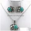 Boucles d'oreilles collier européen et américain bébé éléphants ensembles de bijoux 2 pièces turquoise vert pierre goutte longue 5 ensembles/lot livraison Dhiw1