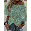 Camisetas Femininas 3D Femininas Casual Manga Curta Sexy Moda Boho Off Shoulder Camisa Decote em Ângulo Top de Verão Estampa Floral