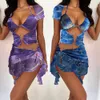 Cover-ups Zweiteiliges Kleid Frauen Kleid Sommer Sexy Overall Mesh Sheer Cover-Up Tie Dye Rückenfreie Kurzarm Röcke Push Up Bikini Weibliches Kleid 230616