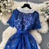 Casual Dresses Runway Designer Luxury Lace Party Dress Vintage Lapel Short Sleeve Belt Summer Dress Gold buttons Hollow Out A-line205i