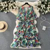 2023 Vestidos casuais Sweet Vido de gola curta Vestido A-line para praia Princesa feminina Princesa Slim Waist Beach Party Clothes2225a