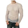 Heren T-shirts Mannen Uitsparing Mesh Top Transparant Sexy Shirt Zien Door Visnet Lange Mouwen Spier Hemdjes Nachtclub Party Tees