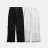 Męskie dżinsy białe hip -hopowe pasiaste frędzane strzępione proste spodnie harajuku męskie solidne streetwearne dżinsowe spodnie 230617