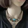 Pendant Necklaces Metal Flower Vintage Turquoise Beads Necklace Fashion Double Layered Choker Statement Jewelry NM