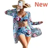 Tvådelar kostymer kvinnors badkläder Tre stycken Bikinis Set Cover Up Women Floral Print Push Up Swimsuit Long Sleeve Twist badkläder Biquini Bathing Suit 230616