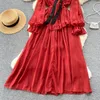 Casual Dresses Spring Summer Mid-Längd Women Solid Color Chiffon Dress Bow Lace-Up Ruffles Slim High midje långärmad damer Dre3174