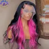 Lace Wigs Free Part Black Highligh Pink Frontal Wig Body Wave Heat Resistant Fiber Hair Synthetic Front 230617