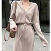 Casual Dresses Autumn Winter Korean Fashion Chic Women's Dress Slim Waist Lace-Up Knitted Sweater Long Sleeve Warm Vintage Robe