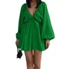 Casual Dresses Women Babydoll Mini Dress Long Lantern Sleeve Deep V Neck Short Sexy Shirt A-Line Summer Beachwear Sundress (Green