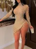 Casual Dresses Mkdlufi Mock Neck Rhinestone Sheer Mesh Feather Detail Party Dress Women Sexy Night Out Bodycon
