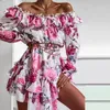 Robes décontractées à manches longues femmes à volants Mini robe épaules dénudées imprimé fleuri Slash cou balançoire Boho 3XL grande taille vêtements de plage bohème