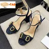 Fashion Mid Heel Horsebit Sandali scarpe da donna champagne nero bianco Albicocca argento pelle beige tela denim pantofole tacchi alti sandalo donna di lusso