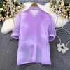 Camicette da donna Temperamento Moda Estate Balze a strati da donna Organza Camicia Top Puff Manica corta Monopetto Chiffon viola