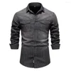 Camicie casual da uomo Denim Uomo Cotone a righe elasticizzato a maniche lunghe Camicia di jeans cargo nera Camicette di qualità Cowboy sottile per