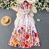 Casual Dresses New Retro Court ärmlöst Thin Floral Print A-Line Maxi Dress Women Single Breasted Party Clothes Vestidos de Vera263q