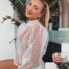 Women'S Blouses Shirts Summer Sexy Women Polka Dot Mesh Sheer Seethrough Tops Bikini Erups Puff Long Sleeve Blouse Beachwear Loose Dhuu0