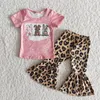 Clothing Sets Wholesale Baby Girl Easter Kids Outfit Children Short Sleeves Flower Shirt Leopard Bell Bottom Pants Toddler Set