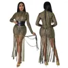 Casual Dresses Cutubly Sheer Mesh Slimming Dress Gold Striped Vestidos Beaded Fringe Skirts For Women Long Sleeve Clothing Robe O-neck